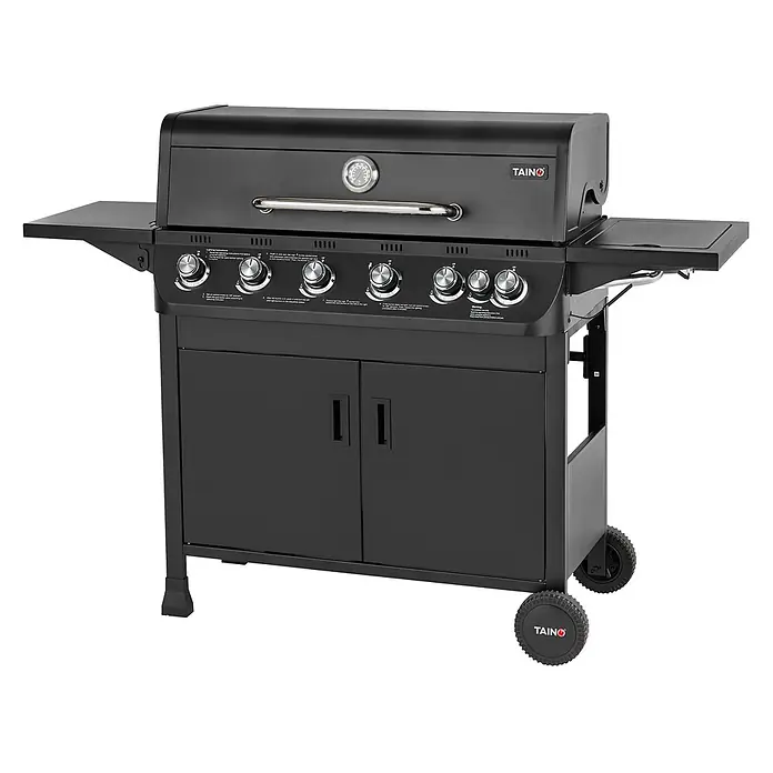 TAINO Gasgrill BRANDO 6+1 - Anzahl Brenner: 6 Stk. - Schwarzer Gasgrill mit sechs Brennern, zwei Seitenablagen, Temperaturanzeige und Unterschrank auf Rädern.