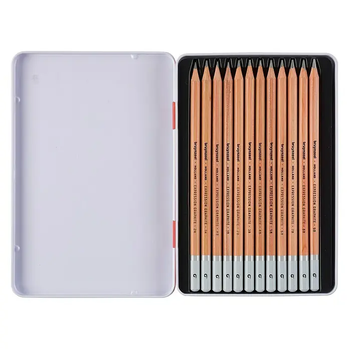 Talens Bruynzeel Set de lápices de grafito Expression - 12 pzs., Gris - Caja metálica abierta con 12 lápices de grafito Bruynzeel Holland en diferentes durezas de 2H a 9B.