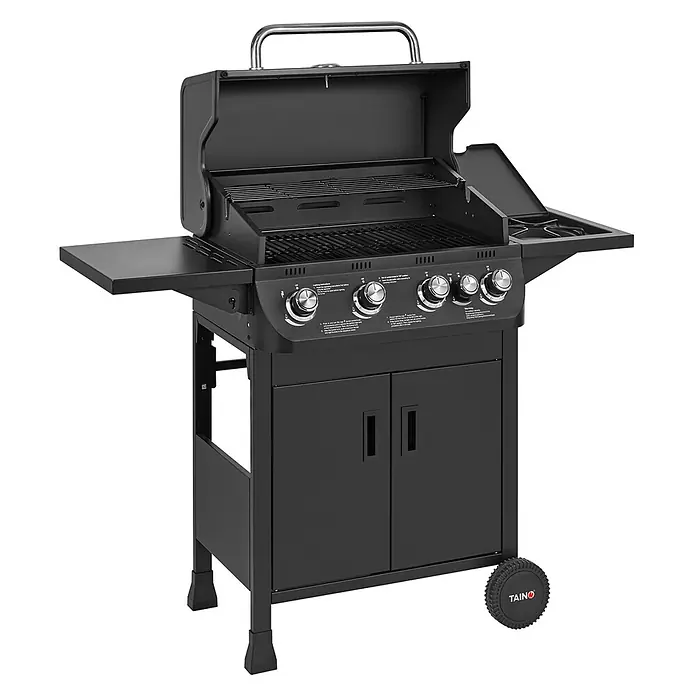 TAINO Gasgrill BRANDO 4+1 - Anzahl Brenner: 4 Stk. - Ein schwarzer Gasgrill mit vier Hauptbrennern, einem Seitenbrenner und einem Unterschrank. Verfügt über Seitenablagen und Räder.
