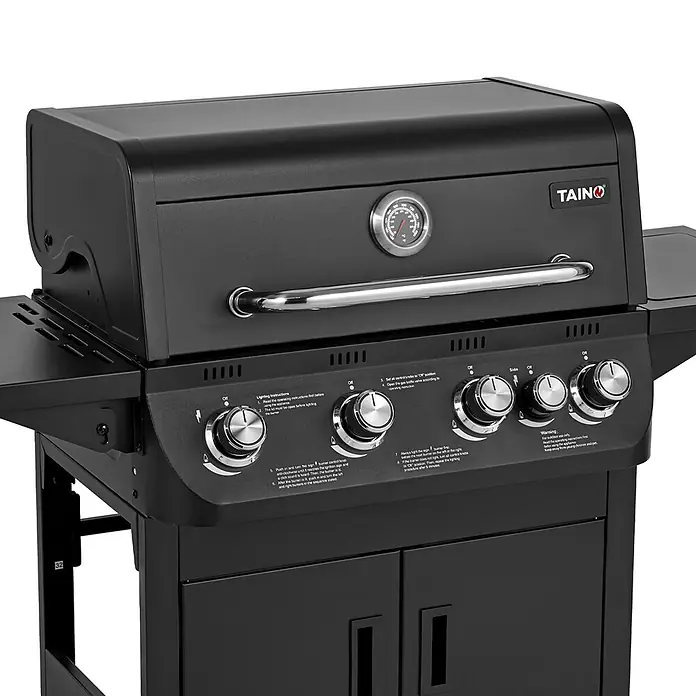 TAINO Gasgrill BRANDO 4+1 - Anzahl Brenner: 4 Stk. - Schwarzer Gasgrill mit Deckel, Thermometer, Seitenablagen und Bedienknöpfen zum Grillen im Freien.