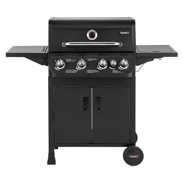 TAINO Gasgrill BRANDO 4+1 - Anzahl Brenner: 4 Stk. - Schwarzer Gasgrill mit Bedienknöpfen, integriertem Thermometer, Seitenablagen und Schranktüren, mit Rollen für Mobilität.