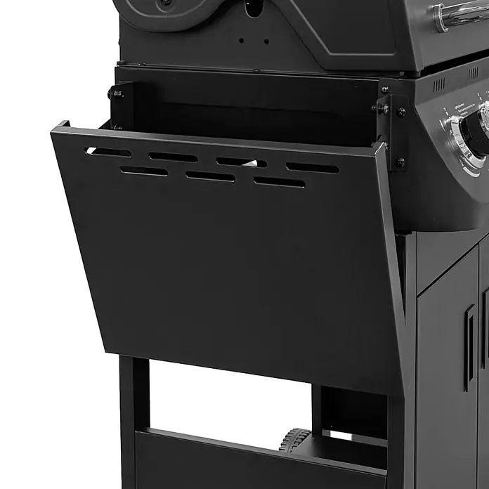 TAINO Gasgrill BRANDO 4+1 - Anzahl Brenner: 4 Stk. - Schwarze Metall-Grillseitenablage mit Lüftungsschlitzen, nach unten angewinkelt.