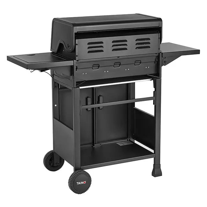 TAINO Gasgrill BRANDO 4+1 - Anzahl Brenner: 4 Stk. - Mattschwarzer Gasgrill mit Seitenablagen, Bedienfeld und einem zweitürigen Unterschrank auf Rädern.