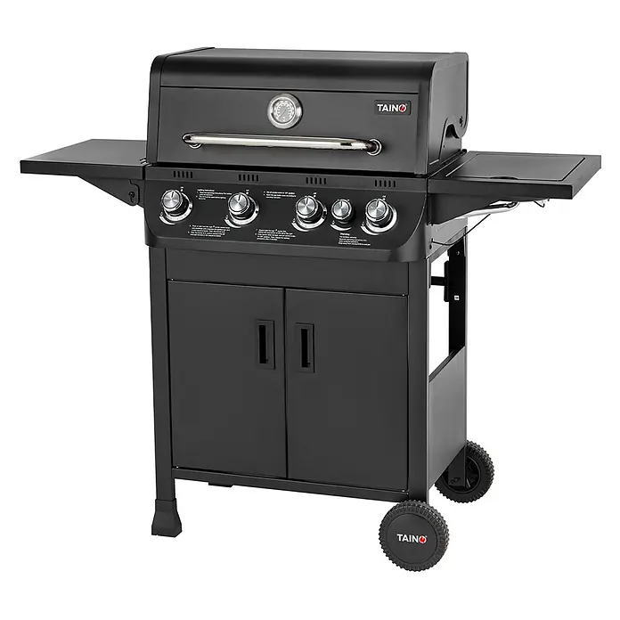 TAINO Gasgrill BRANDO 4+1 - Anzahl Brenner: 4 Stk. - Schwarzer Gasgrill mit Seitenablagen, Bedienknöpfen und Unterschrank auf Rädern.