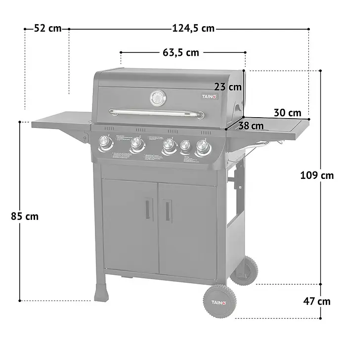 TAINO Gasgrill BRANDO 4+1 - Anzahl Brenner: 4 Stk. - Dunkelgrauer Gasgrill mit Seitenablagen, Unterschrank und Rollen, mit detaillierten Maßen dargestellt.