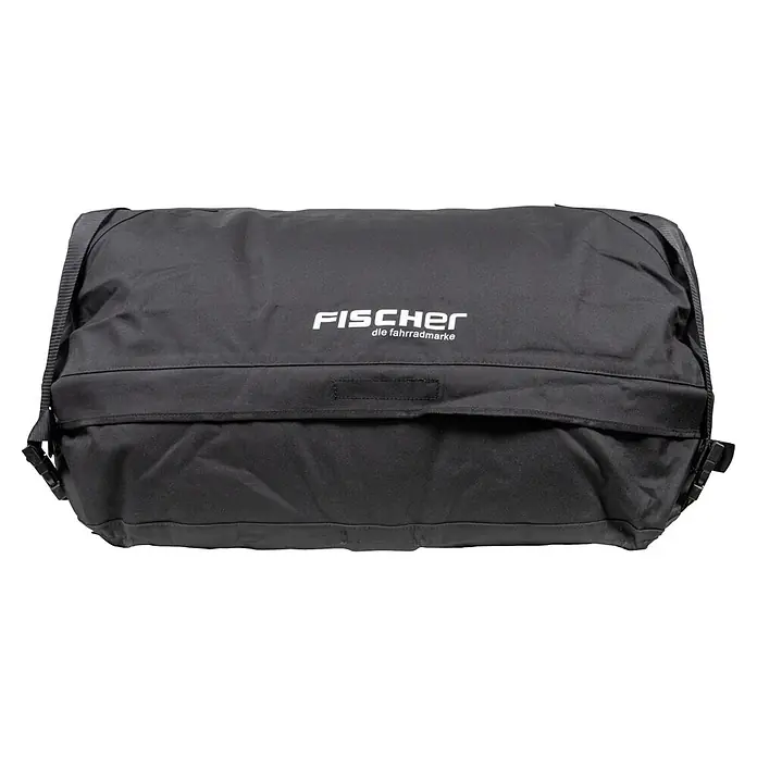Fischer Caja de techo - L x An x Al: 100 x 80 x 40 cm, Metal, Capacidad volumétrica: 270 l, Peso de carga máx.: 50 kg - Bolsa de transporte de tela negra con el logotipo blanco 'FISCHER die fahrradmarke'.