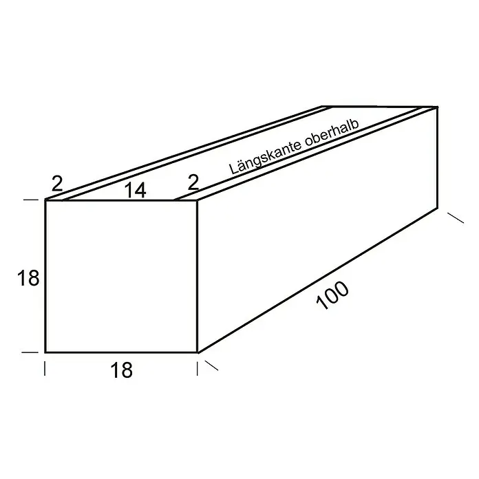 WMT Pflanzkasten RAL 7016 - L x B x H: 100 x 18 x 18 cm, Anthrazit, Geeignet für: Stabgitterzäune, Stahl - Darstellung eines länglichen Objekts mit Maßangaben für Länge, Höhe und Breite, inklusive der Oberkante.