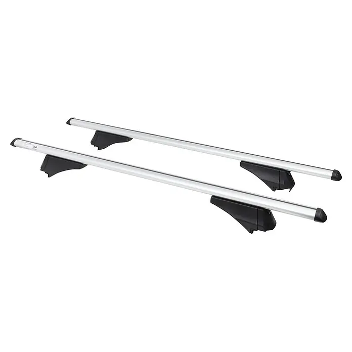 Fischer Baca Crossline XL - Capacidad de carga: 90 kg, L x An x Al: 15 x 131 x 10 cm - Dos barras de techo de coche de aluminio plateado con soportes de plástico negro.