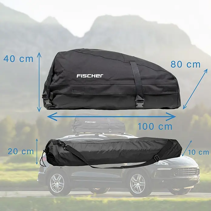 Fischer Caja de techo - L x An x Al: 100 x 80 x 40 cm, Metal, Capacidad volumétrica: 270 l, Peso de carga máx.: 50 kg - Bolsa de techo Fischer negra en uso (100x80x40 cm) y enrollada para guardar (20x10 cm), con medidas mostradas.