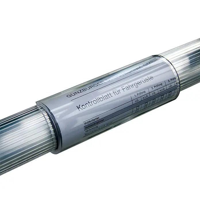 Munk Montagegerüst Clip-Schale für Gerüst-Protokolle mit Rohr-Ø 40mm -  - Transparenter Plastikhalter mit einem Kontrollblatt für Fahrgerüste, befestigt an einem gerippten Metallrohr.
