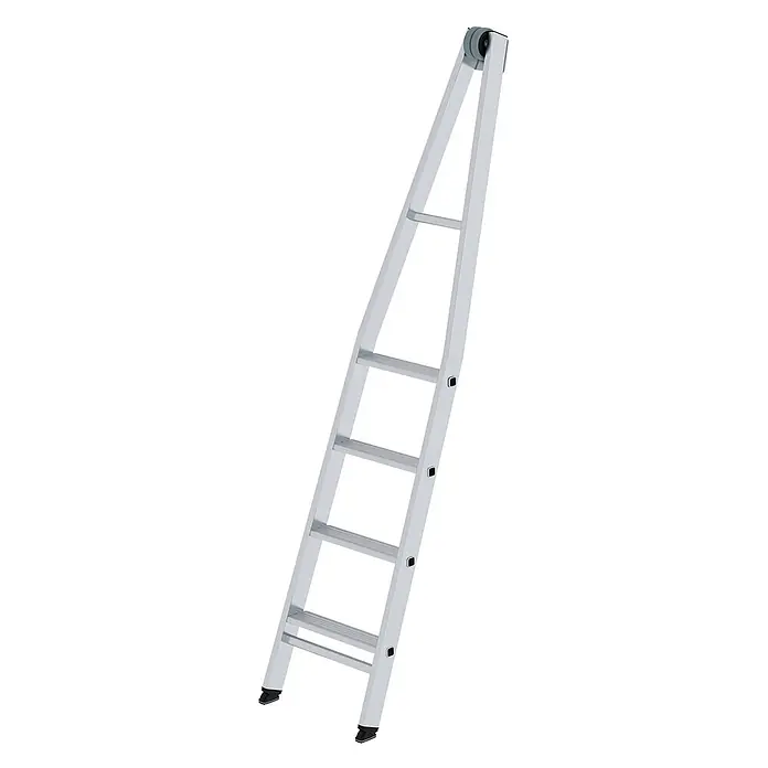 Munk Anlegeleiter Stufen-Glasreinigerleiter mit nivello-Traverse, 4-stufiges Oberteil - Anzahl Tritte: 4 Stk., Aluminium - Silberne Aluminium-Anlegeleiter mit rutschfesten Füßen und Rolle oben.
