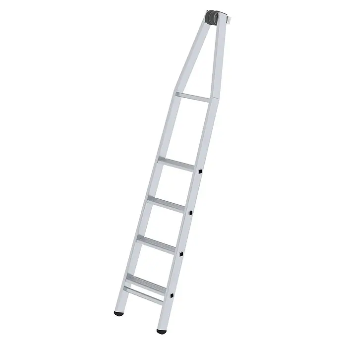 Munk Anlegeleiter Stufen-Glasreinigerleiter mit nivello-Traverse, 4-stufiges Oberteil - Anzahl Tritte: 4 Stk., Aluminium - Silberne Aluminium-Anlegeleiter mit Sprossen, oberen Rollen und rutschfesten Gummifüßen.