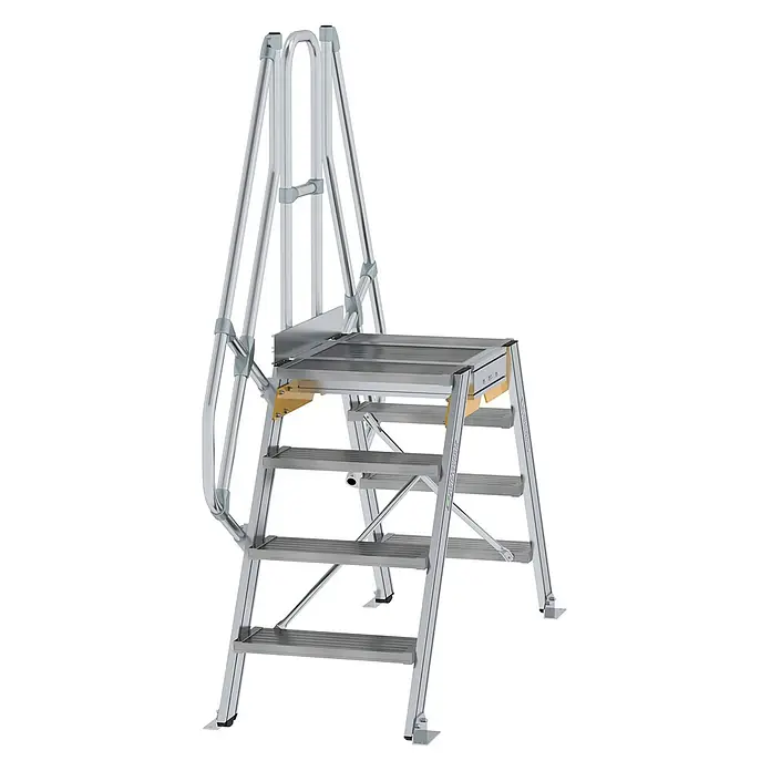 Munk Treppenpodest Überstieg 60° inkl. einen Handlauf, Stufenbreite 600mm, 2x4 Stufen -  - Silberne Aluminium-Arbeitsplattform mit rutschfesten Stufen und integrierten Handläufen für sicheren Zugang.