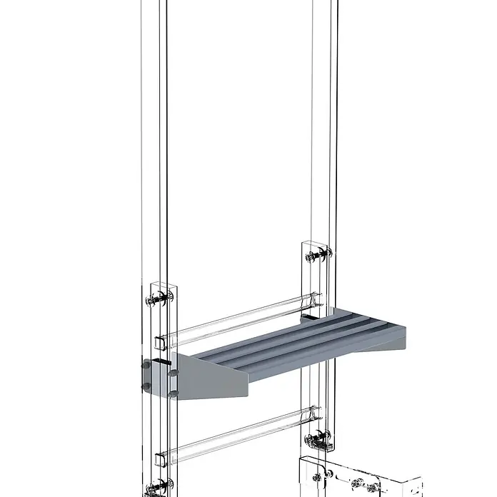 Munk Mehrzweckleiter Ausstiegshilfe - Aluminium - Graues, geripptes Regal, montiert an transparenten Platten mit Metallbefestigungen und klaren Stützstangen.