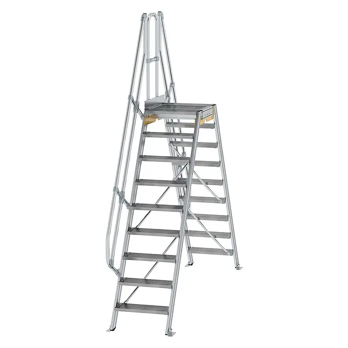 Munk Treppenpodest Überstieg 60° inkl. einen Handlauf, Stufenbreite 600mm, 2x9 Stufen -  - Mobile Arbeitsplattform aus silbernem Aluminium mit Handläufen.