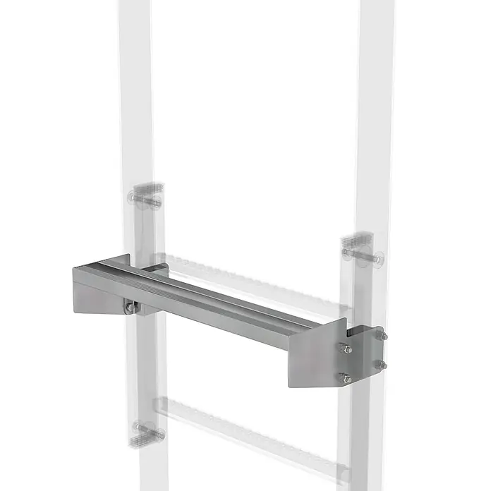 Munk Mehrzweckleiter Ausstiegstritt Stahl verzinkt 150mm - Stahl - Graue Metall-Trägerkonsole an zwei vertikalen Schienen befestigt.