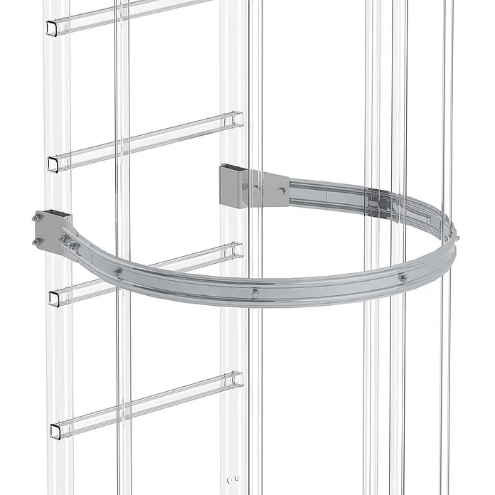 Munk Mehrzweckleiter Rückenschutzbügel - Aluminium - Gebogene silberfarbene Führungsschiene, an transparenten vertikalen Stützen für eine Kreisstruktur montiert.