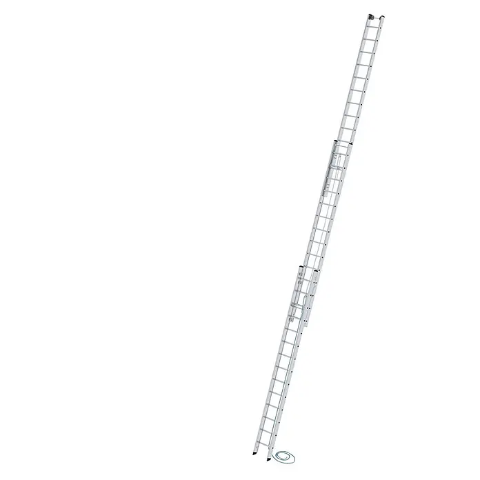 Munk Seilzugleiter Seilzugleiter 3x14 Sprossen - Anzahl Tritte: 14 Stk., Arbeitshöhe: 10.800 m, Aluminium - Silberne Aluminium-Seilzugleiter mit blauem Seil für verstellbare Höhe.