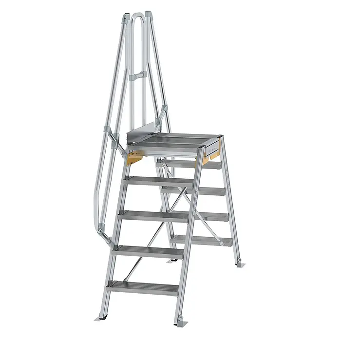 Munk Treppenpodest Überstieg 60° inkl. einen Handlauf, Stufenbreite 600mm, 2x5 Stufen -  - Silberne Aluminium-Arbeitsplattform mit mehreren Stufen und Sicherheitsgeländern.