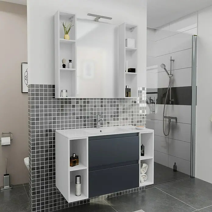 Camargue Espacio Badmöbel-Set i74 - 100 cm, Gama anthrazit matt - Elegantes Badezimmer-Ensemble mit Waschtischunterschrank und Spiegelschrank in Weiß und Grau, modernes Design für stilvolle Bäder.