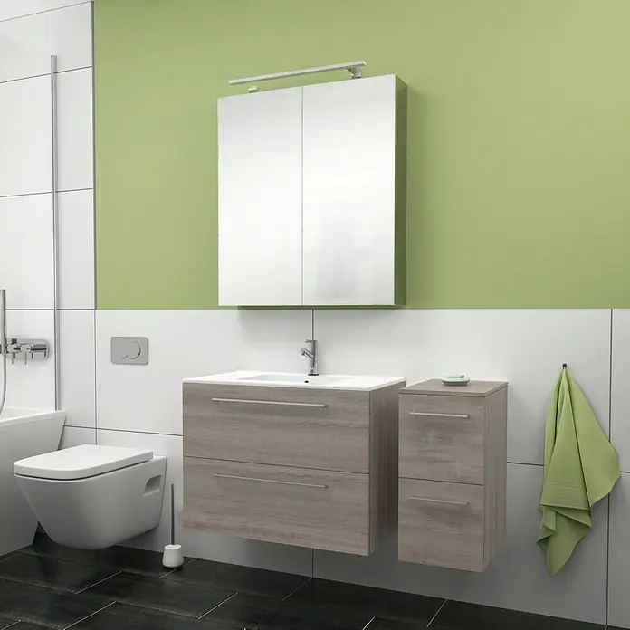 Camargue Espacio Badmöbel-Set J17 - 110 cm, Faro - Badezimmer-Waschtischkombination mit Unterschrank in Holzoptik und einem Spiegelschrank mit Beleuchtung für ein modernes Ambiente.