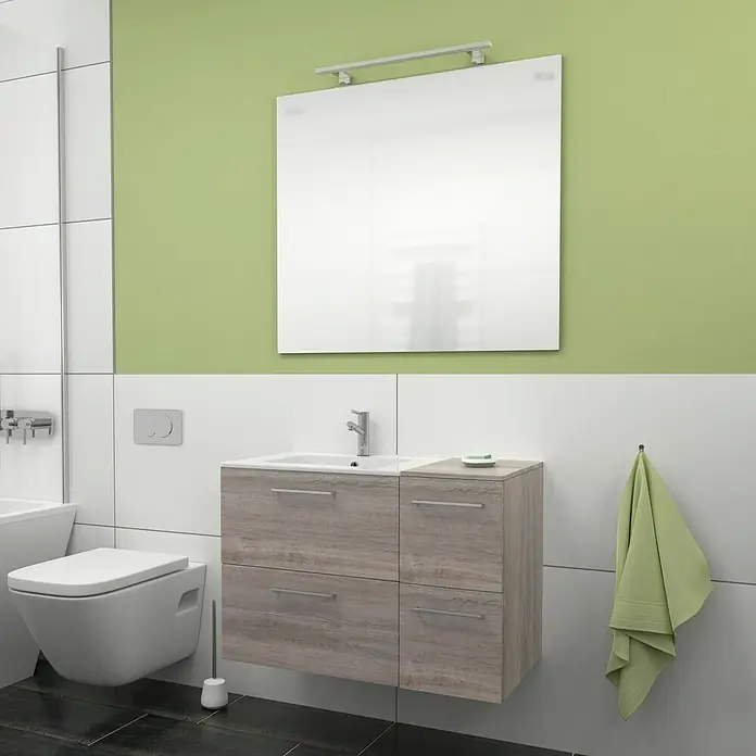 Camargue Espacio Badmöbel-Set i27 - 100 cm, Faro - Ein modernes Badezimmer mit einem stilvollen Waschtischunterschrank in Holzoptik, einem Spiegel und einer hängenden Toilette.
