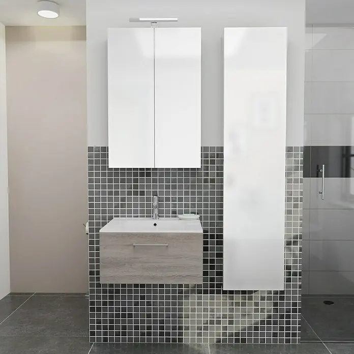 Camargue Espacio Badmöbel-Set i16 - 100 cm, Faro - Badezimmer-Waschtischkombination mit Unterschrank in Holzoptik, Spiegelschrank und Hochschrank in Weiß für ein stilvolles Ambiente.