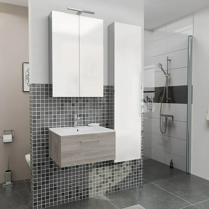 Camargue Espacio Badmöbel-Set i16 - 100 cm, Faro - Badezimmer mit Waschbeckenunterschrank in Holzoptik, Spiegelschrank und Hochschrank in Weiß.
