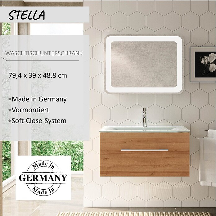 Camargue Stella Waschtischunterschrank (47 x 80 x 39 cm, 1 Schubkasten, Mit Beleuchtung, Berg Eiche)