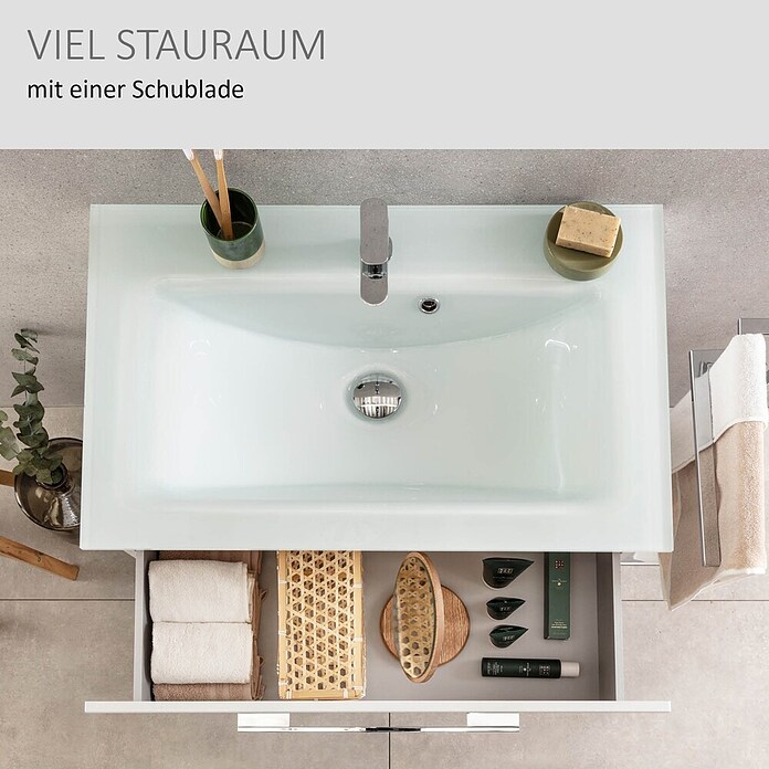 Camargue Stella Waschtischunterschrank (47 x 80 x 39 cm, 1 Schubkasten, Mit Beleuchtung, Eiche Maron)