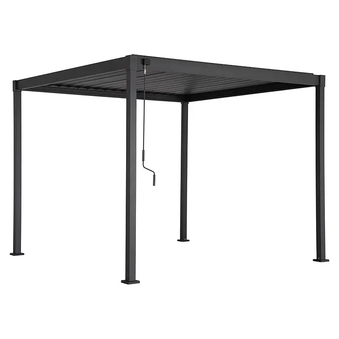 Mirador Pergola - B x T: 300 x 300 cm, Schwarz, Material Gestell: Stahl - Schwarze Metallpergola mit verstellbarem Lamellendach und Kurbelmechanismus zur Beschattung.