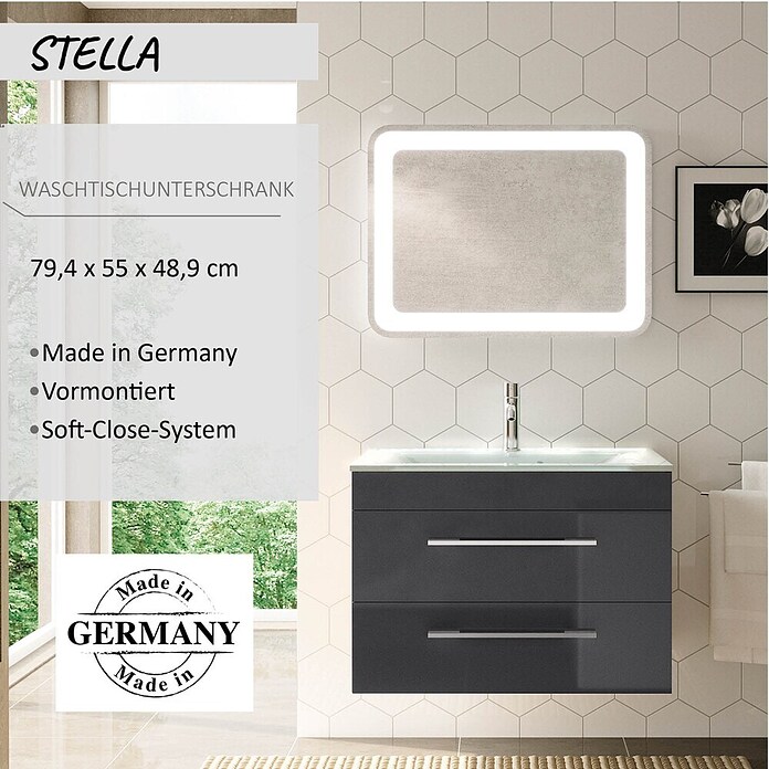 Camargue Stella Waschtischunterschrank (47 x 80 x 55 cm, 2 Schubkästen, Mit Beleuchtung, Grafit)