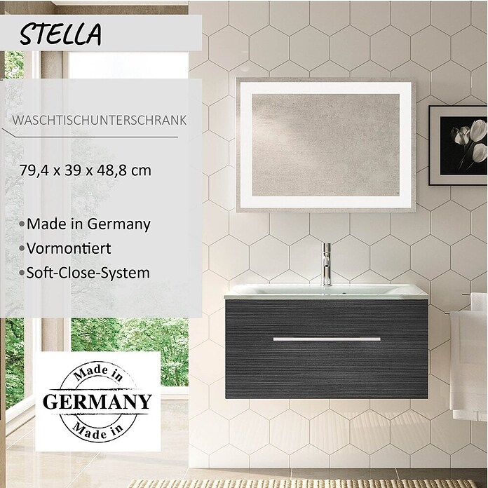 Camargue Stella Waschtischunterschrank (47 x 80 x 39 cm, 1 Schubkasten, Mit Beleuchtung, Darkoak)