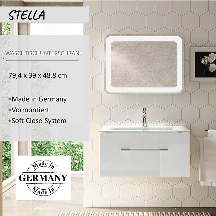 Camargue Stella Waschtischunterschrank (47 x 80 x 39 cm, 1 Schubkasten, Mit Beleuchtung, Weiß)