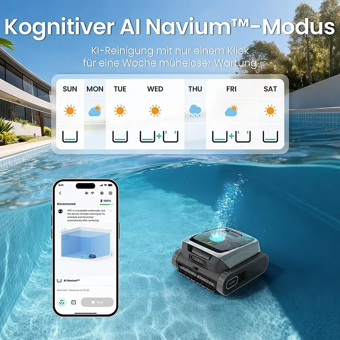 Aiper Poolroboter Scuba V3 - Akkubetrieben, Passend für: Pools bis 150 m², Filterleistung: 18.000 l/h - Ein intelligenter Poolroboter reinigt unter Wasser, gesteuert von einer Smartphone-App, die den KI-Reinigungsplan und Status anzeigt.