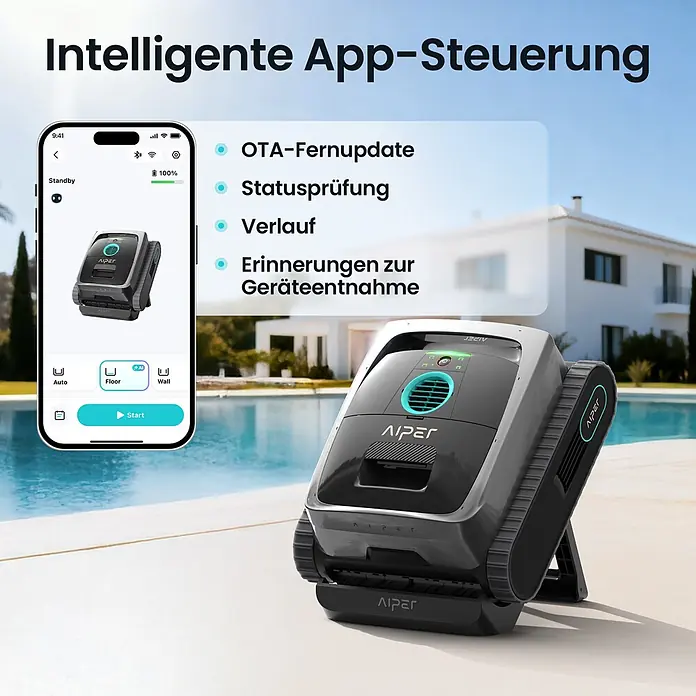 Aiper Poolroboter Scuba V3 - Akkubetrieben, Passend für: Pools bis 150 m², Filterleistung: 18.000 l/h - Ein schwarz-grauer Roboter-Poolreiniger mit Ketten steht an einem blauen Pool, daneben zeigt ein Smartphone seine Steuerungs-App mit Batteriestatus und Reinigungsmodi.