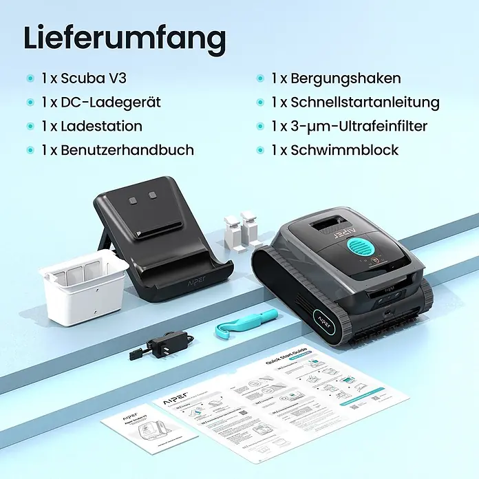Aiper Poolroboter Scuba V3 - Akkubetrieben, Passend für: Pools bis 150 m², Filterleistung: 18.000 l/h - Aiper Scuba V3 Roboter-Poolreiniger und Zubehör, inkl. Ladestation, Filter, Bergungshaken und Handbüchern, ausgelegt.