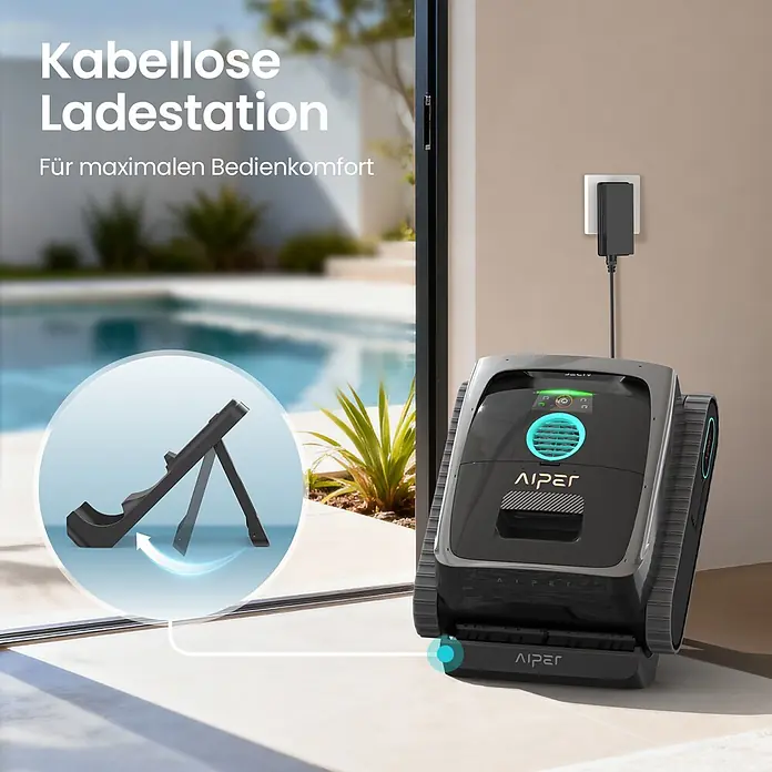 Aiper Poolroboter Scuba V3 - Akkubetrieben, Passend für: Pools bis 150 m², Filterleistung: 18.000 l/h - Aiper Poolroboter auf seiner klappbaren kabellosen Ladestation an einem Pool. Für maximalen Bedienkomfort.