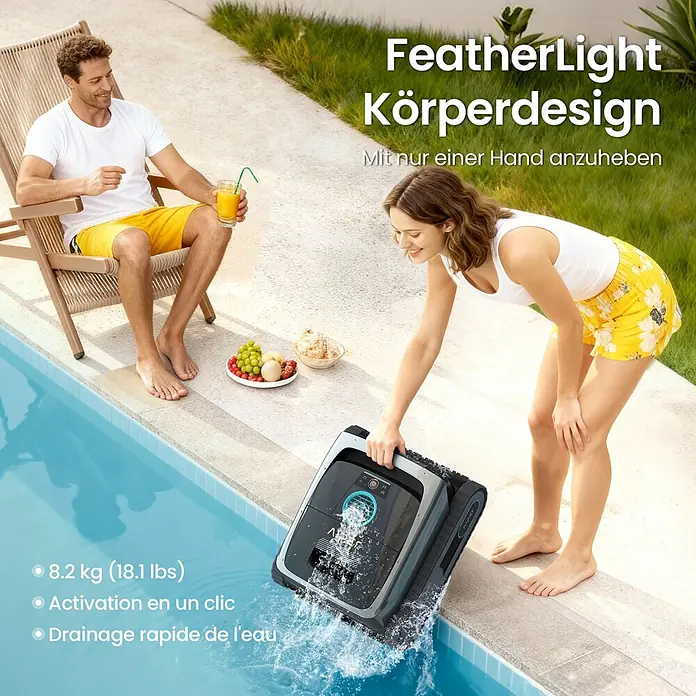 Aiper Poolroboter Scuba V3 - Akkubetrieben, Passend für: Pools bis 150 m², Filterleistung: 18.000 l/h - Frau hebt einen dunkelgrauen Poolroboter aus dem Becken, Wasser läuft ab. Er wirkt leicht.