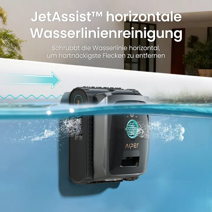 Aiper Poolroboter Scuba V3 - Akkubetrieben, Passend für: Pools bis 150 m², Filterleistung: 18.000 l/h - Ein schwarz-grauer Poolroboter mit türkisen Akzenten reinigt horizontal die Wasserlinie eines Pools.