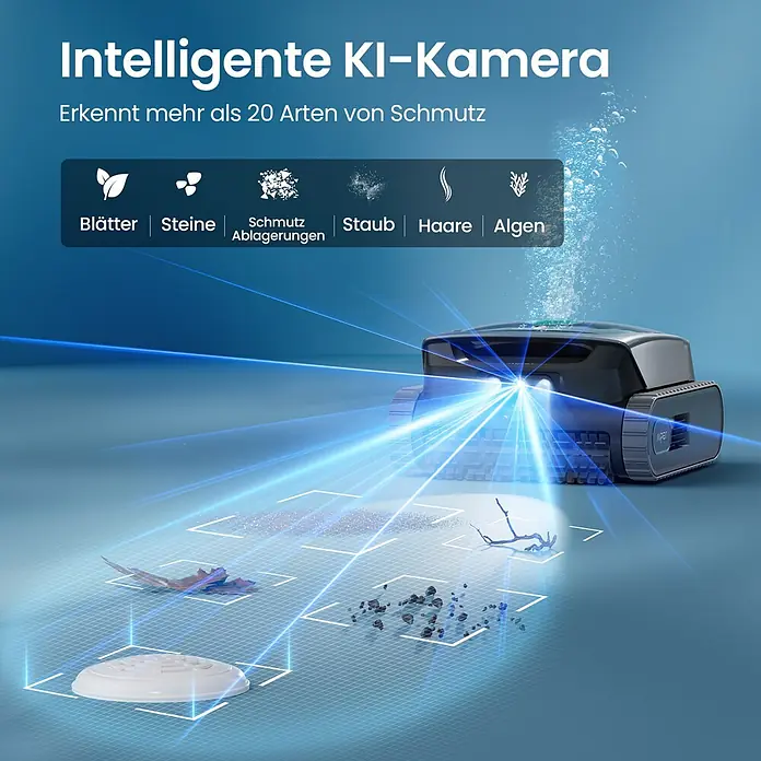 Aiper Poolroboter Scuba V3 - Akkubetrieben, Passend für: Pools bis 150 m², Filterleistung: 18.000 l/h - Dunkler Roboter-Poolreiniger mit Raupenketten und KI-Kamera erkennt und entfernt verschiedene Schmutzarten wie Blätter, Steine und Algen.