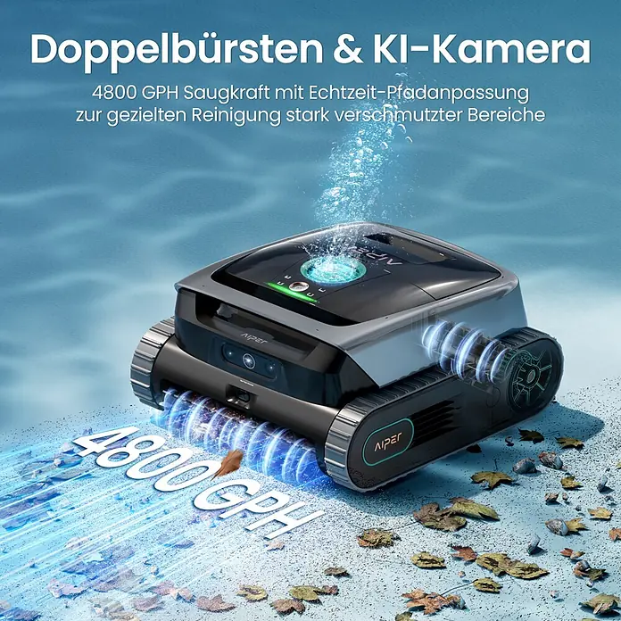 Aiper Poolroboter Scuba V3 - Akkubetrieben, Passend für: Pools bis 150 m², Filterleistung: 18.000 l/h - Dunkelgrauer Aiper Poolreiniger mit leuchtenden Bürsten und KI-Kamera, entfernt Schmutz vom Poolboden mit 4800 GPH Saugleistung.