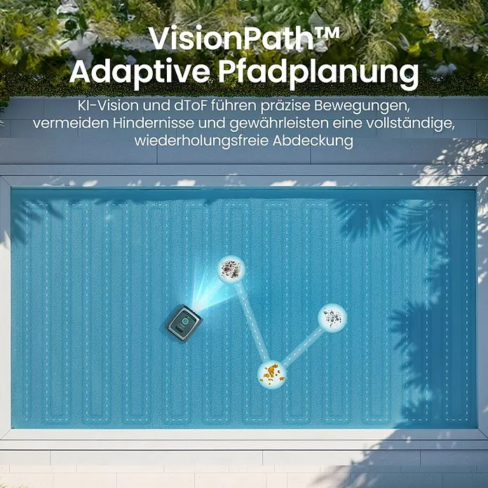 Aiper Poolroboter Scuba V3 - Akkubetrieben, Passend für: Pools bis 150 m², Filterleistung: 18.000 l/h - Poolreinigungsroboter demonstriert adaptive Pfadplanung in blauem Pool, Schmutz vermeidend.