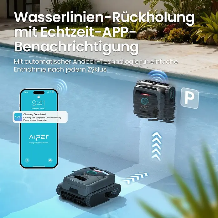 Aiper Poolroboter Scuba V3 - Akkubetrieben, Passend für: Pools bis 150 m², Filterleistung: 18.000 l/h - Zwei dunkelgraue Poolreinigungsroboter im Pool. Einer dockt an der Wasserlinie, ein Smartphone zeigt eine "Reinigung abgeschlossen"-Benachrichtigung.