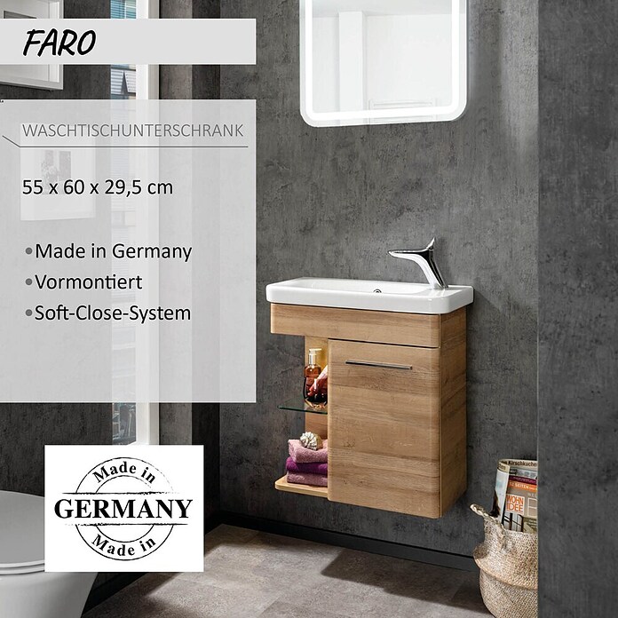 Camargue Faro Mini Waschtischunterschrank (29 x 55 x 55 cm, Bewegungsmelder mit LED-Beleuchtung, Berg Eiche)