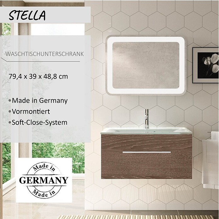 Camargue Stella Waschtischunterschrank (47 x 80 x 39 cm, 1 Schubkasten, Mit Beleuchtung, Eiche Maron)