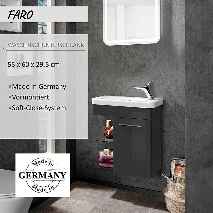 Camargue Faro Mini Waschtischunterschrank (29 x 55 x 55 cm, Bewegungsmelder mit LED-Beleuchtung, Grafit)