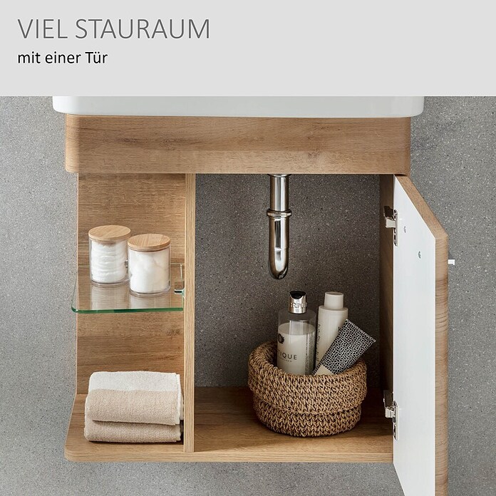 Camargue Faro Mini Waschtischunterschrank (29 x 55 x 55 cm, Bewegungsmelder mit LED-Beleuchtung, Berg Eiche)