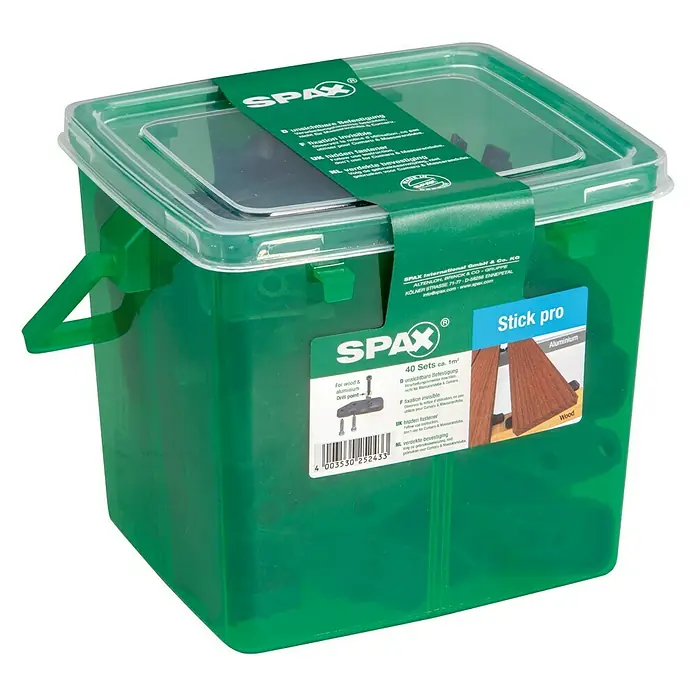 Spax Abstandhalter Stick Pro - 40 Stk. - Produktfoto einer grünen Spax Stick Pro Box mit unsichtbaren Befestigungen für Holz und Aluminium.