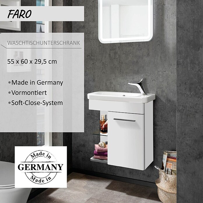 Camargue Faro Mini Waschtischunterschrank (29 x 55 x 55 cm, Bewegungsmelder mit LED-Beleuchtung, Weiß)